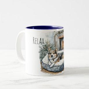 Dog Cozy Fireplace Relax Two-Tone Coffee Mug