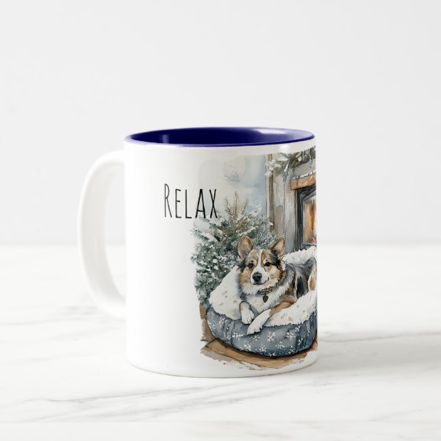 Dog Cozy Fireplace Relax Two-Tone Coffee Mug (Front Left)