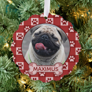 Dog Custom Photo and Name Red Paw Print Gingham Tree Decoration Card