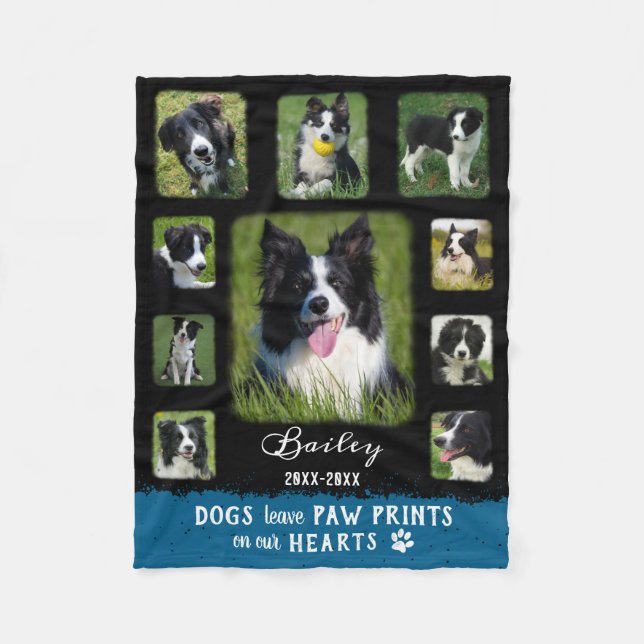 Dog Custom Photo Collage Faded Borders Black Blue Fleece Blanket (Front)