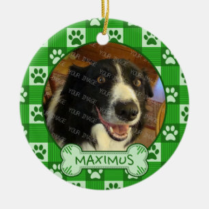 Dog Custom Photo Name Green Paw Print Gingham Bone Ceramic Tree Decoration