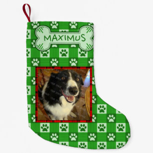 Dog Custom Photo Name Green Paw Print Gingham Bone Small Christmas Stocking