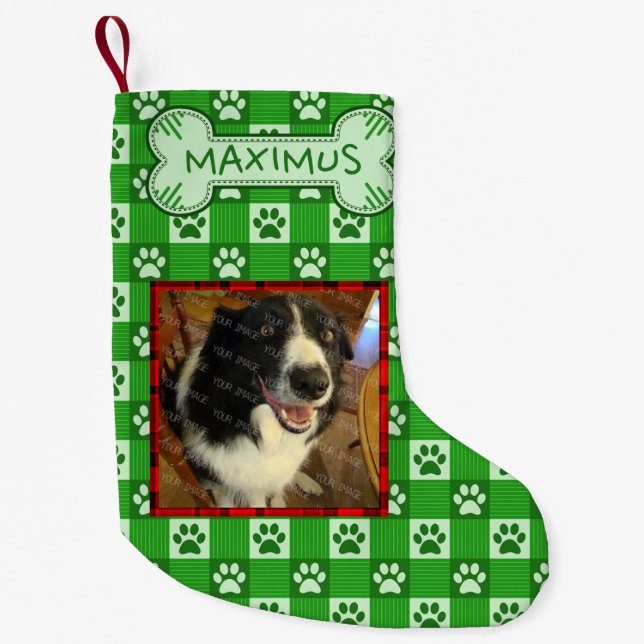 Dog Custom Photo Name Green Paw Print Gingham Bone Small Christmas Stocking (Front)