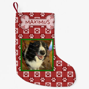 Dog Custom Photo Name Red Paw Print Gingham Bone Small Christmas Stocking