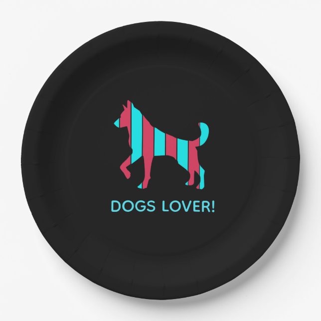 Dog - Cute Pet Pop Art, Blue & Red Abstract Animal Paper Plate (Front)