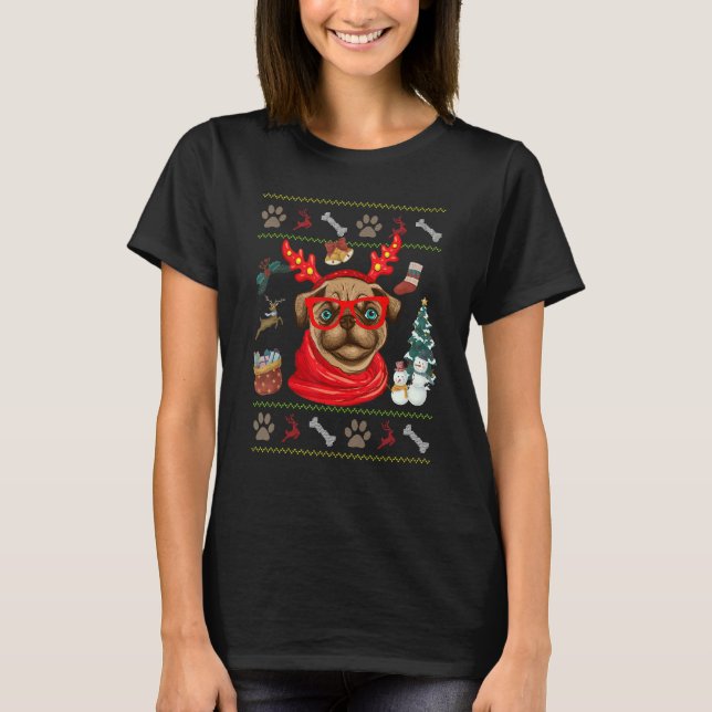 Dog  Cute Pug Reindeer Antlers Ugly Christmas T-Shirt (Front)