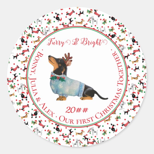 Dog Dachshund Reindeer Hat Christmas Furry Bright Classic Round Sticker (Front)