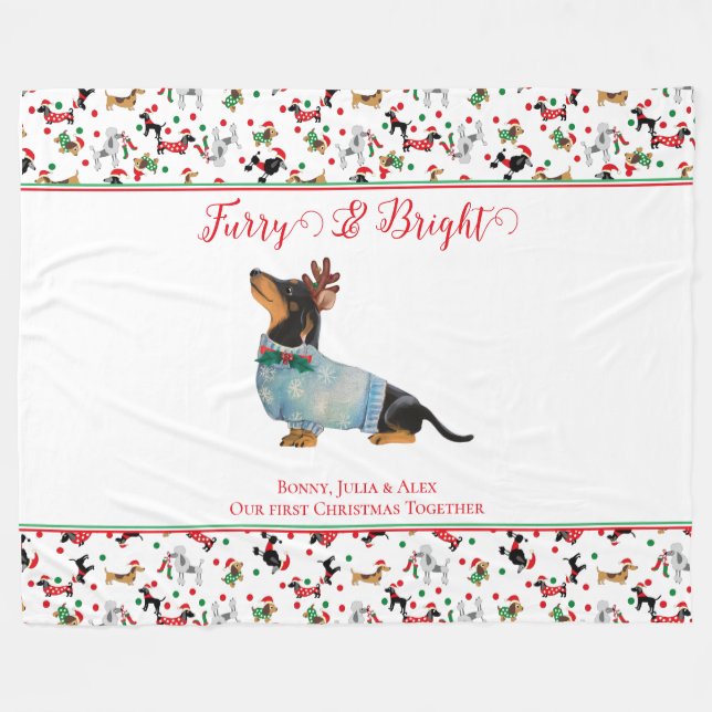 Dog Dachshund Reindeer Hat Christmas Furry Bright Fleece Blanket (Front (Horizontal))