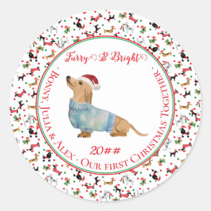 Dog Dachshund Santa Hat Christmas Furry Bright Classic Round Sticker