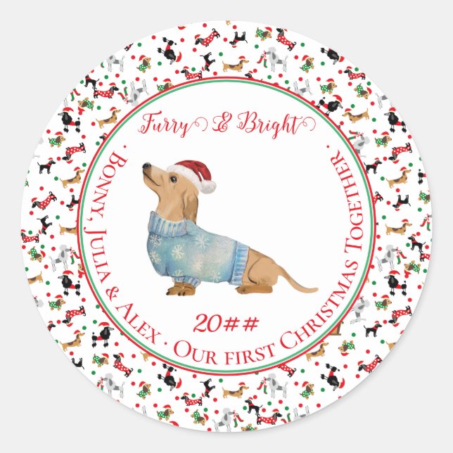 Dog Dachshund Santa Hat Christmas Furry Bright Classic Round Sticker (Front)
