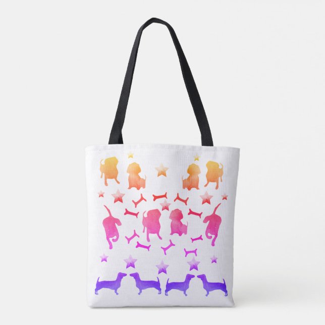 Dog Dachshunds, stars & Dog Bones Watercolor Tote Bag (Back)