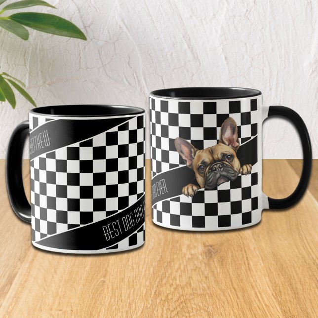 Dog Dad Chequered Black White Frenchie Custom  Mug (Creator Uploaded)