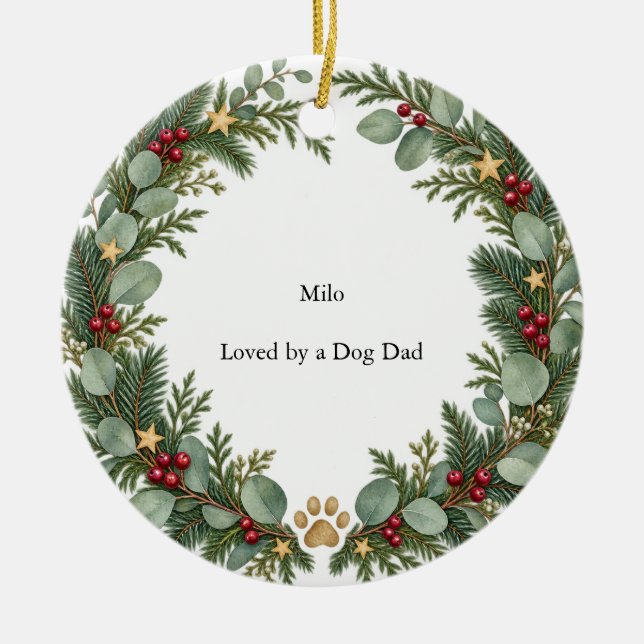 Dog Dad Evergreen Circle Ceramic Tree Decoration (Front)