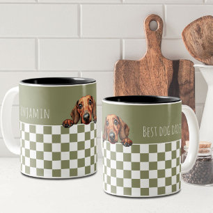 Dog Dad Olive White Chequered Dachshund Custom Two-Tone Coffee Mug