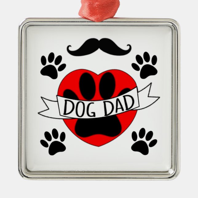 Dog Dad Paw And Red Heart Drawing Metal Tree Decoration (Front)