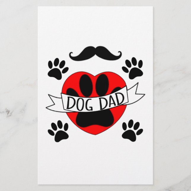 Dog Dad Paw And Red Heart Drawing Stationery (Front)