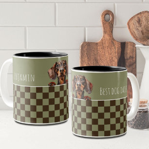 Dog Dad Sage Olive Chequered Dachshund Custom Two-Tone Coffee Mug