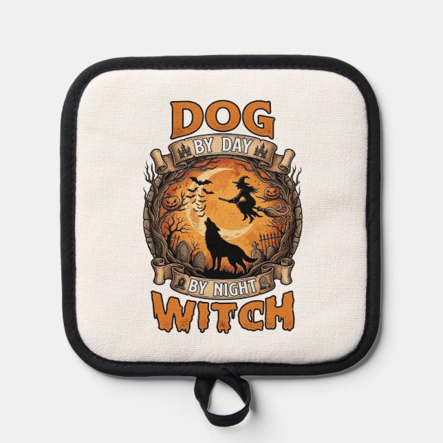 Dog Day Witch Night Halloween Wolf Moon Bats_1 Pot Holder (Front)