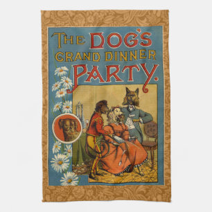 Dog Dinner Party Vintage dog illustration Tea Towel