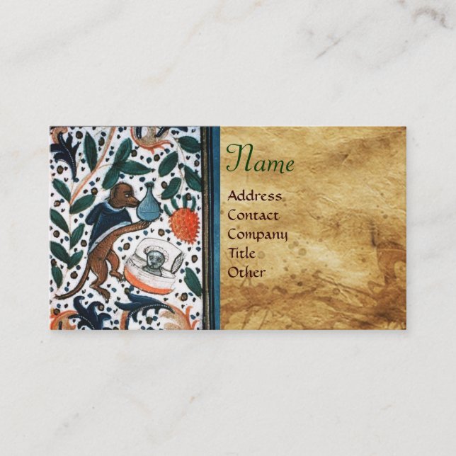 DOG DOCTOR WITH KITTEN Parchment Monogram Business Card (Front)