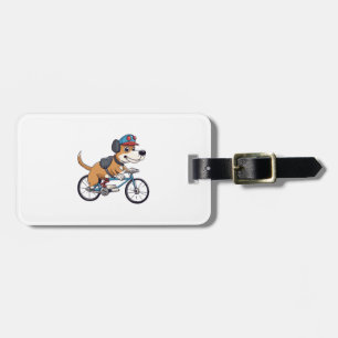 dog driving a bicycle luggage tag