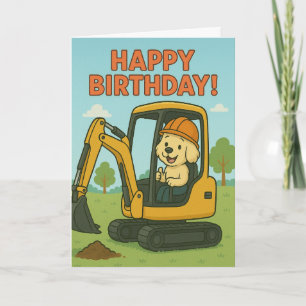 Dog driving digger birthday card