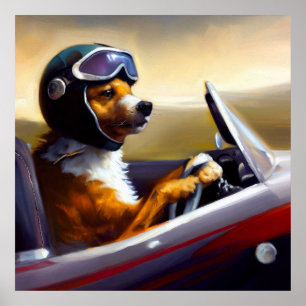 Dog Driving Racecar Poster