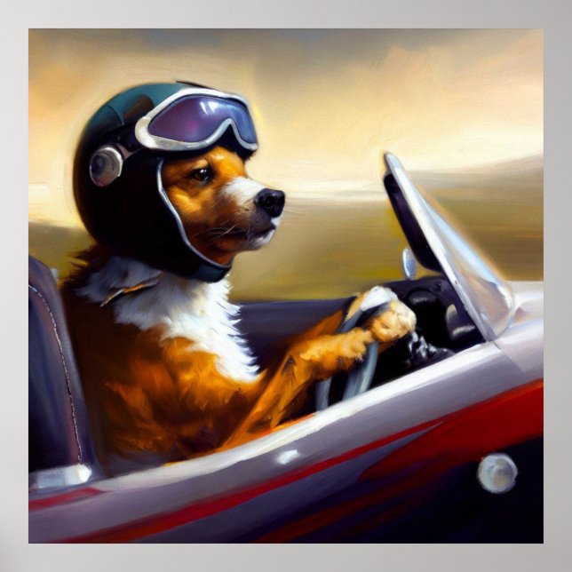 Dog Driving Racecar Poster (Front)