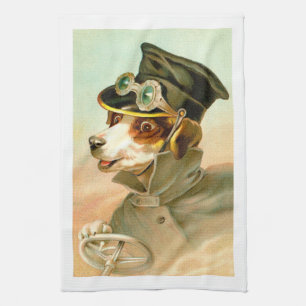 Dog driving tea towel