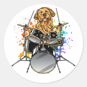 Dog Drummer Playing Drums Classic Round Sticker