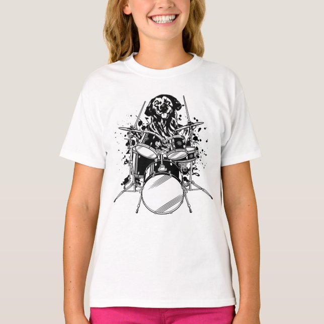 Dog Drummer Playing Drums Girl T-Shirt (Front)