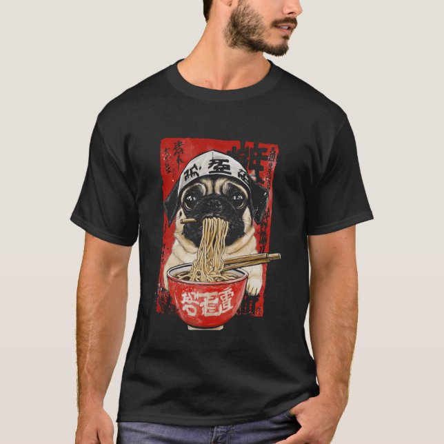Dog Eating Ramen Pug T-Shirt (Front)