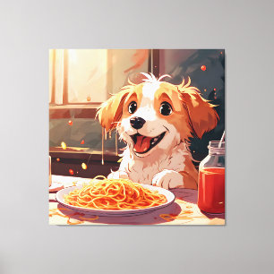 Dog eating spaghetti canvas print