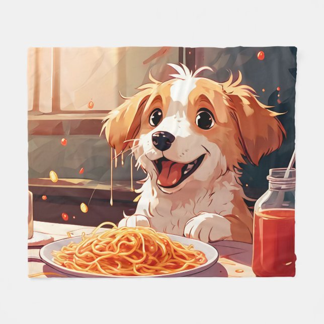 Dog eating spaghetti fleece blanket (Front (Horizontal))