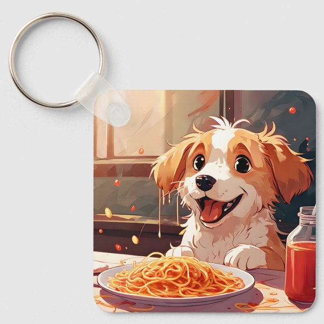 Dog eating spaghetti key ring (Front)