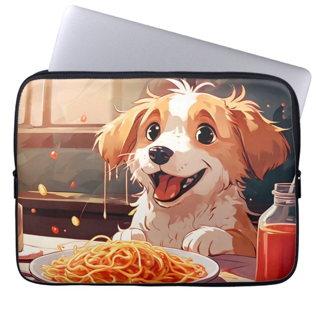 Dog eating spaghetti laptop sleeve (Front)