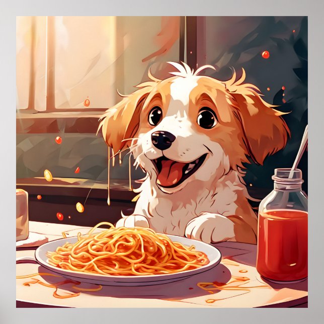 Dog eating spaghetti poster (Front)
