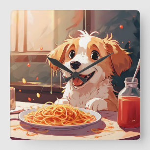 Dog eating spaghetti square wall clock