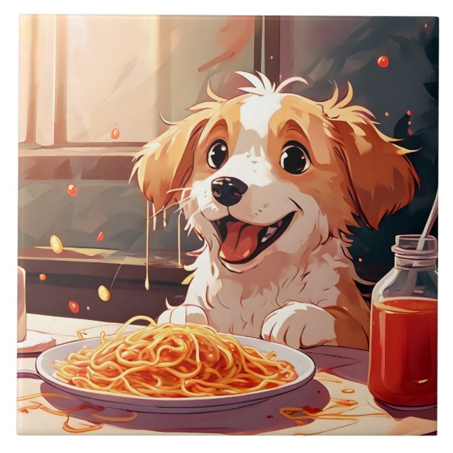 Dog eating spaghetti tile (Front)