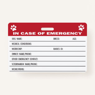 Dog Emergency Medical Information Card ID Badge