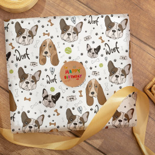 Dog faces bones and paws seamless pattern  wrapping paper