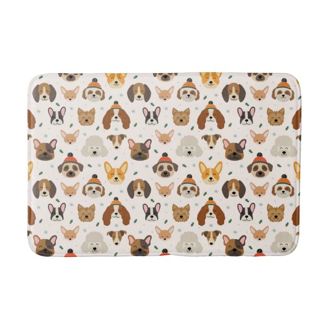 Dog Faces in Winter Hats Holiday Pattern Bath Mat (Front)