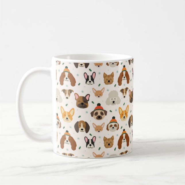 Dog Faces in Winter Hats Holiday Pattern Coffee Mug (Left)
