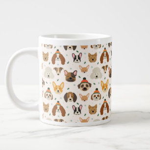 Dog Faces in Winter Hats Holiday Pattern Large Coffee Mug