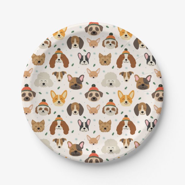 Dog Faces in Winter Hats Holiday Pattern Paper Plate (Front)