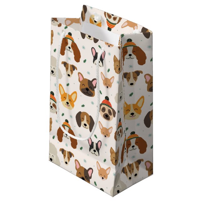 Dog Faces in Winter Hats Holiday Pattern Small Gift Bag (Front Angled)