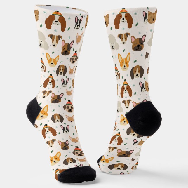 Dog Faces in Winter Hats Holiday Pattern Socks (Angled)