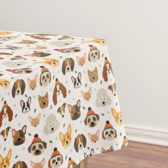 Dog Faces in Winter Hats Holiday Pattern Tablecloth (In Situ)