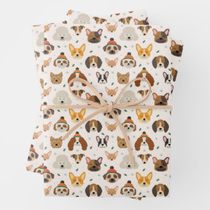 Dog Faces in Winter Hats Holiday Pattern Wrapping Paper Sheet