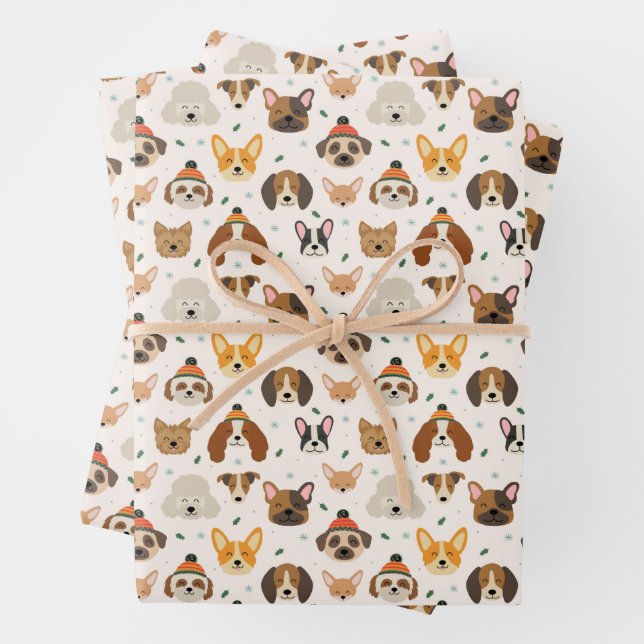 Dog Faces in Winter Hats Holiday Pattern Wrapping Paper Sheet (In situ)
